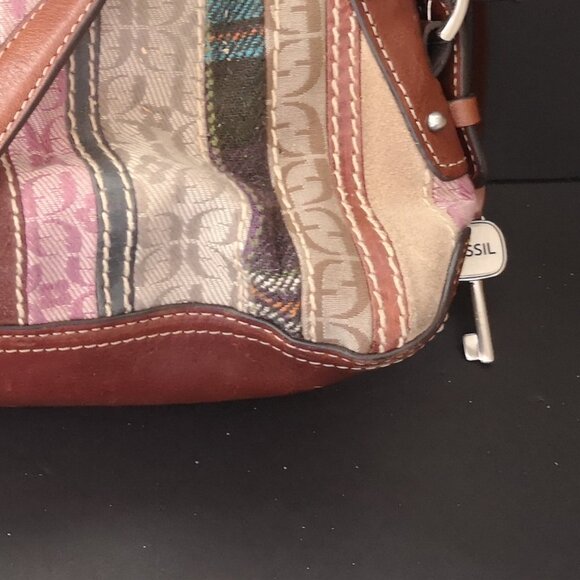 VTG Fossil Ladies Multi Colored Patchwork Leather & Fabric Shoulder Baguette Bag - Picture 13 of 13